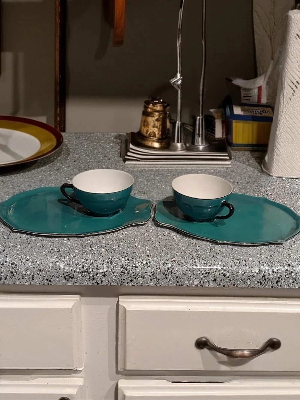 Vintage Czechoslovakia Teal Porcelain Snack Set - 3 Cups & Plates